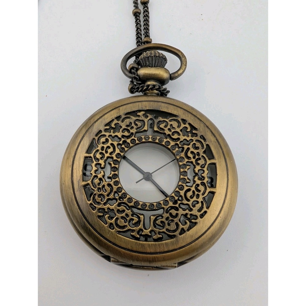 Unisex Quartz Pocket Watch Pendant Necklace 47mm Round Bronze Tone Steampunk